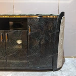 Curved Marble-Top Sideboard with Glossy Wood Veneer & Quilted Leather Accents